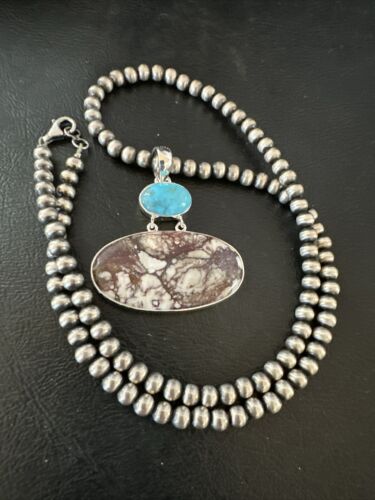 Navajo Wild Horse | Blue Kingman Turquoise Necklace | Sterling Silver | Authentic Native American Handmade | 17307