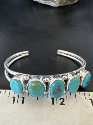 Women's Blue Turquoise 5-Stone Cuff Bracelet | Navajo Sterling Silver | Authentic Native American Jewelry | 16278