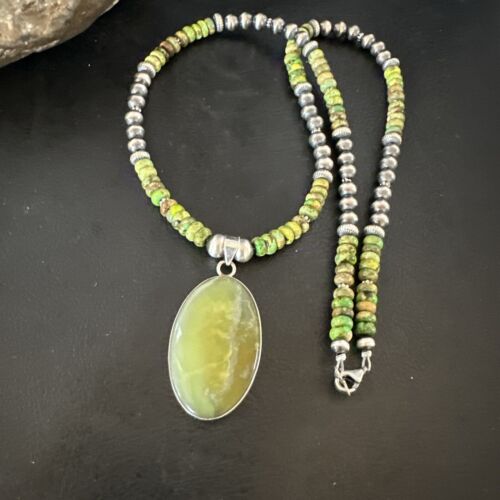 Navajo Green Turquoise Pendant Necklace | Sterling Silver | Authentic Native American Handmade | 16919