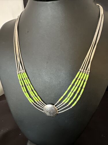 Navajo Green Gaspeite Heishi Concha Necklace | 5 Strand Liquid Sterling Silver | 20" | 15872