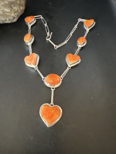 Navajo Lariat Necklace with Orange Spiny Oyster Earrings | Sterling Silver Pendant | 19" | Authentic Native American Handmade | 14955