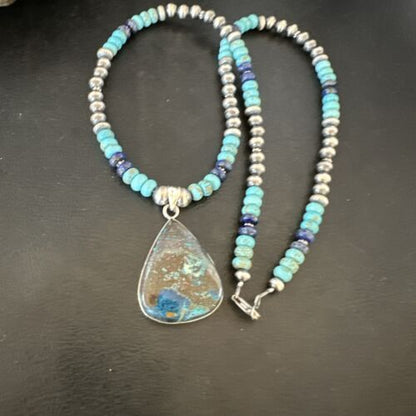 Navajo Blue Turquoise Jasper Pendant with Lapis | Sterling Silver Necklace | Native American Handmade | 16928
