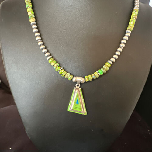 Navajo Green Gaspeite Turquoise Pendant Necklace | Sterling Silver | Native American Handmade | 15426