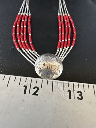 Navajo Concha Red Coral Heishi Necklace | 5 Strand Liquid Sterling Silver | 20" | 15878