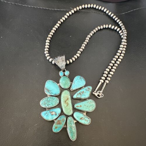 Navajo Blue Kingman Turquoise Cluster Pendant Necklace | Sterling Silver | Native American Handmade | 16797