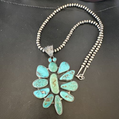 Navajo Blue Kingman Turquoise Cluster Pendant Necklace | Sterling Silver | Native American Handmade | 16797