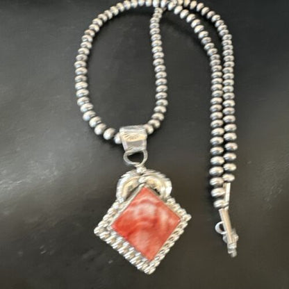 Navajo Red Spiny Oyster Pendant Necklace | Sterling Silver | Authentic Native American Handmade | 16145