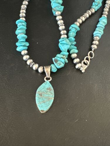 Navajo Kingman Turquoise Pendant Necklace | Sterling Silver | 22" | Authentic Native American Handmade | 14835