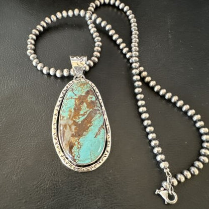 Navajo Blue Turquoise #8 Pendant Necklace | Sterling Silver Pearls | Authentic Native American Handmade | 16346