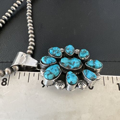 Navajo Blue Kingman Turquoise Cluster Pendant | Sterling Silver | 2" | Authentic Native American Handmade | 17418