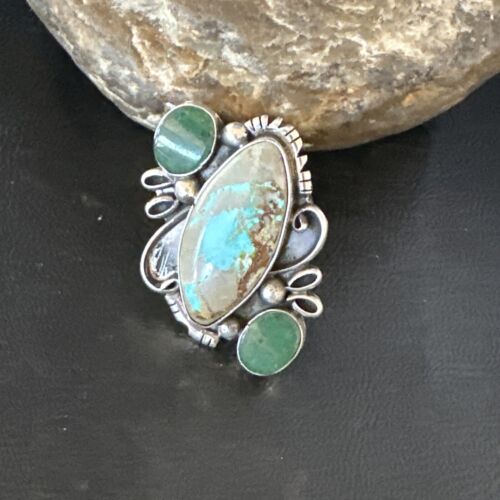 Navajo Green Turquoise Cluster Ring | Authentic Native American Sterling Silver | Multi-Stone | Sz 9 | 14843
