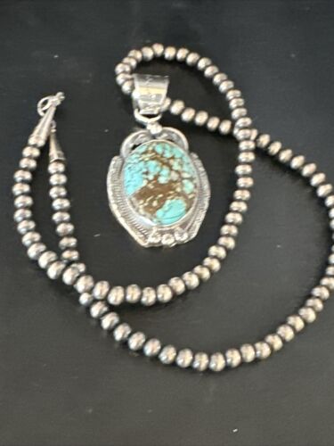 Navajo Pearls Sterling Silver Necklace with Blue Turquoise #8 Pendant | Authentic Native American Handmade | 14859