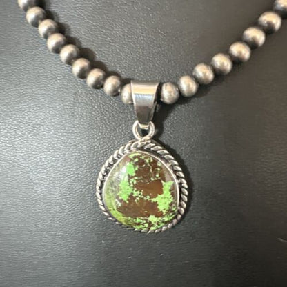 Navajo Green Gaspeite Pendant Necklace | Sterling Silver | Authentic Native American Handmade | 16362
