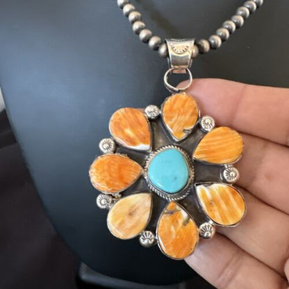 Navajo Blue Turquoise | Spiny Oyster Pendant Necklace | Sterling Silver | Multi-Stone | 16862