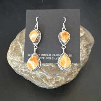 Navajo Orange Spiny Oyster Dangle Earrings | Sterling Silver | 1.5" | Authentic Native American Handmade | 16572