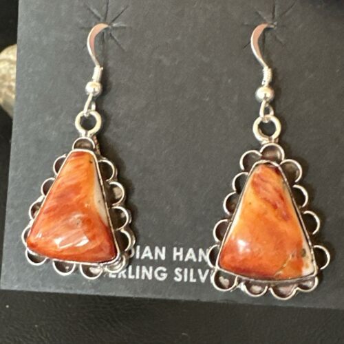 Navajo Orange Spiny Oyster Dangle Earrings | Sterling Silver | Authentic Native American Handmade | 17265