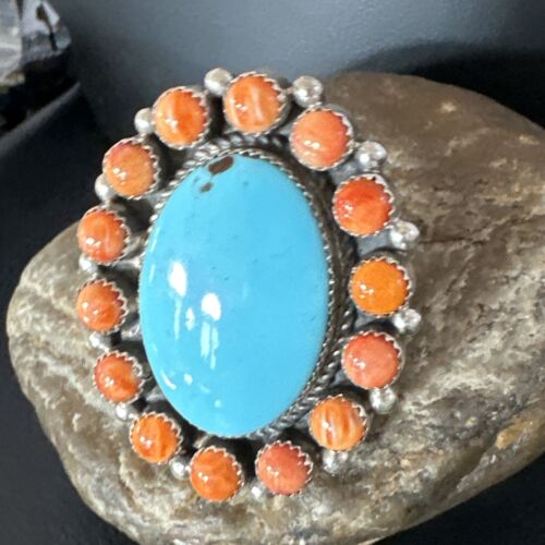 Navajo Turquoise & Spiny Oyster Cluster Ring | Authentic Native American Sterling Silver | Multi-Stone | Sz 12 | 16027