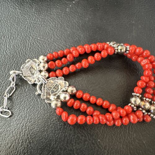 Women's Red Coral 3-Strand Bead Sterling Silver Bracelet 7.5" | Navajo Jewelry | 16468