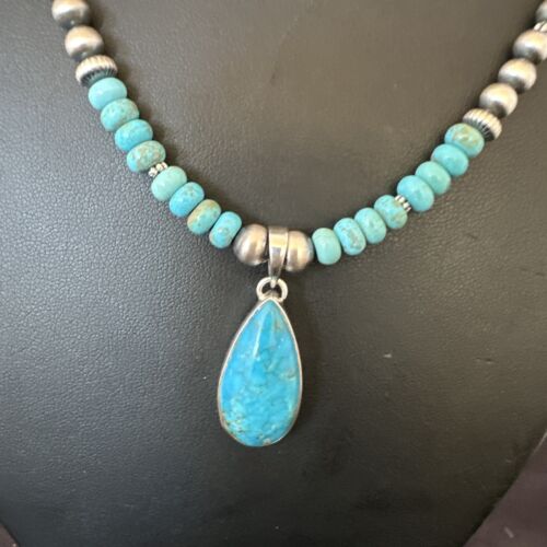 Navajo Blue Turquoise Pendant Necklace | Sterling Silver | Authentic Native American Handmade | 16652