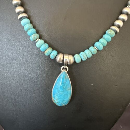 Navajo Blue Turquoise Pendant Necklace | Sterling Silver | Authentic Native American Handmade | 16652