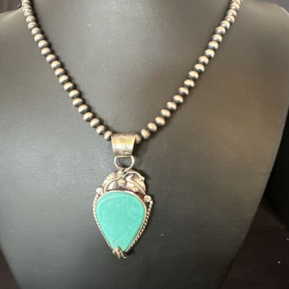 Navajo Blue Turquoise Pendant Necklace | Sterling Silver Pearls | Authentic Native American Handmade | 15648
