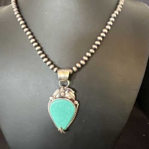 Navajo Blue Turquoise Pendant Necklace | Sterling Silver Pearls | Authentic Native American Handmade | 15648