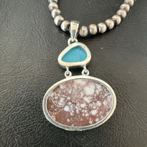 Navajo Wild Horse Blue Kingman Turquoise Necklace | Sterling Silver | Authentic Native American Handmade | 17340