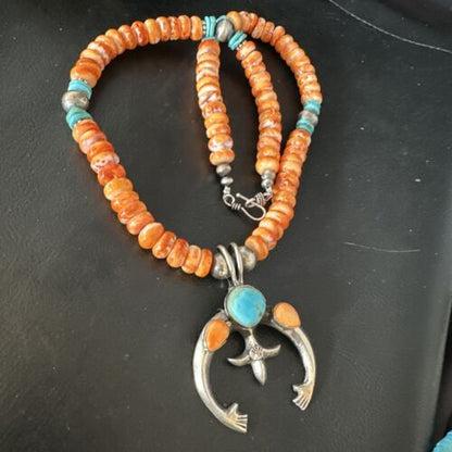 Navajo Blue Turquoise Spiny Naja Pendant Necklace | Sterling Silver | 23" | Authentic Native American Handmade | 14931