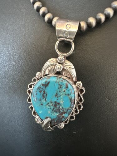 Navajo Blue Turquoise Pendant Necklace | Sterling Silver Pearls | Authentic Native American Handmade | 15639