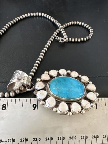 Navajo Blue Turquoise White Cluster Pendant Necklace | Sterling Silver | Multi-Stone | 17391