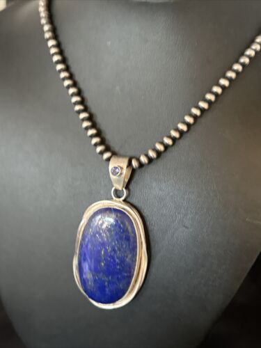 Men's Denim Lapis Lazuli Pendant Necklace | Navajo Beads | Sterling Silver | Authentic Native American Handmade | 15199