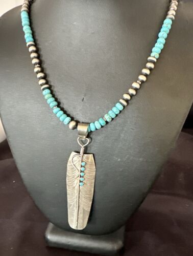 Men's Feather Turquoise Pendant | Navajo Sterling Silver Necklace 21" | Multi-Stone | 17445