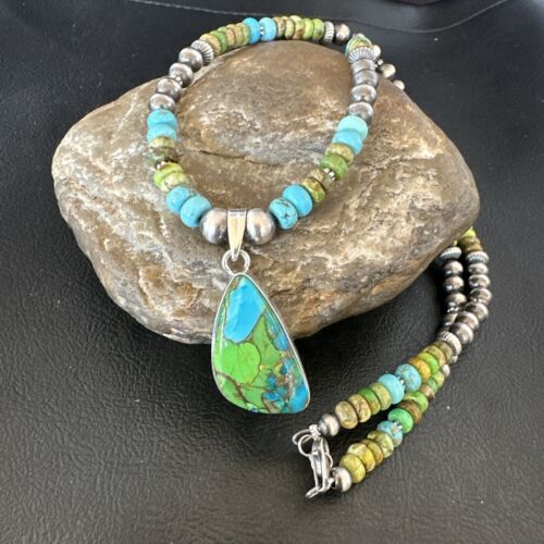 Navajo Blue Green Mojave Turquoise Pendant | Sterling Silver Pearl Necklace | Authentic Native American Handmade | 16921