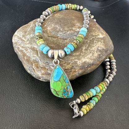 Navajo Blue Green Mojave Turquoise Pendant | Sterling Silver Pearl Necklace | Authentic Native American Handmade | 16921