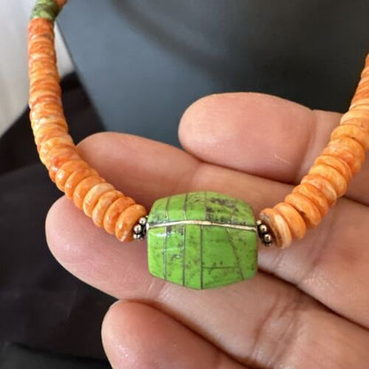 Navajo Green Turquoise & Orange Spiny Oyster Pendant | Sterling Silver | Authentic Native American Handmade | 17484
