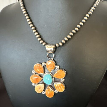 Navajo Blue Turquoise | Spiny Oyster Pendant Necklace | Sterling Silver | Multi-Stone | 16862