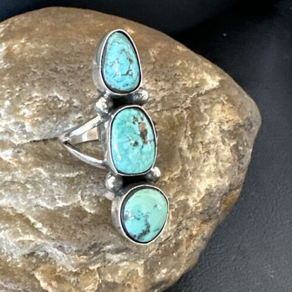 Navajo Blue Turquoise Multi-Stone Cluster Ring | Authentic Native American Sterling Silver | Sz 7.5 | 17842