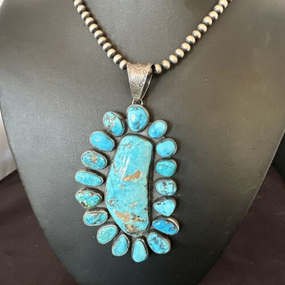 Navajo Blue Kingman Turquoise Cluster Pendant Necklace | Sterling Silver | Authentic Native American Handmade | 16794