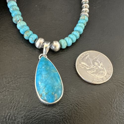 Navajo Blue Turquoise Pendant Necklace | Sterling Silver | Authentic Native American Handmade | 16652