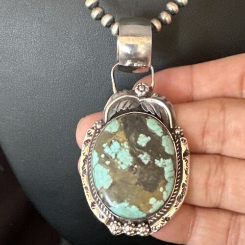 Men's Blue #8 Turquoise Pendant Necklace | Navajo Sterling Silver | Authentic Native American Handmade | 14974