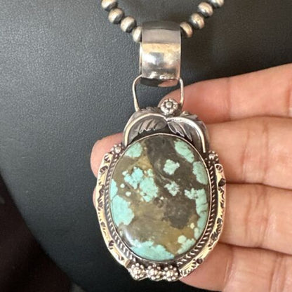 Men's Blue #8 Turquoise Pendant Necklace | Navajo Sterling Silver | Authentic Native American Handmade | 14974