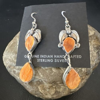 Navajo Orange Spiny Oyster Dangle Earrings | Sterling Silver | 1.5" | Authentic Native American Handmade | 16571
