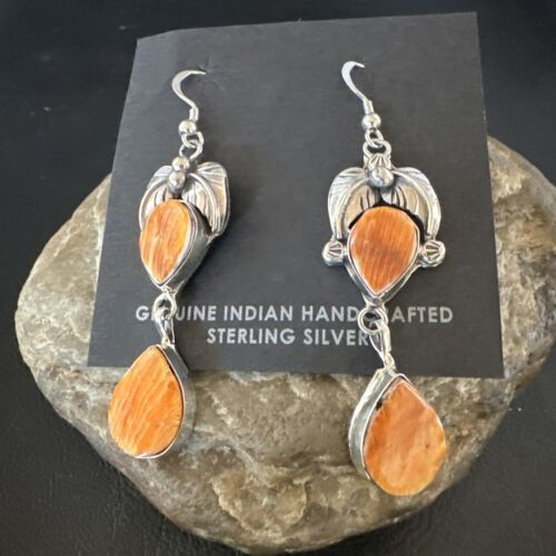 Navajo Orange Spiny Oyster Dangle Earrings | Sterling Silver | 1.5" | Authentic Native American Handmade | 16571