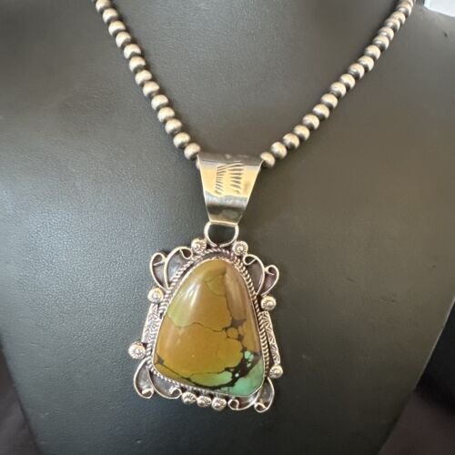 Navajo Men's Green Turquoise Necklace Pendant | Sterling Silver | Authentic Native American Handmade | 17529