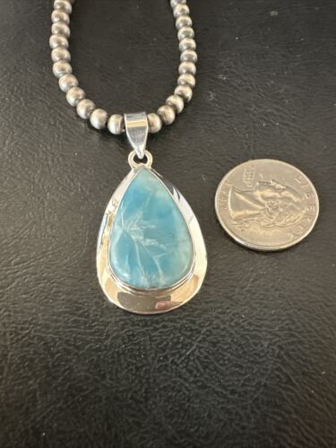 Navajo Blue Larimar Pendant Necklace | Sterling Silver Beads | Authentic Native American Handmade | 17604