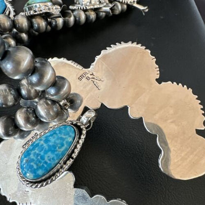 Navajo Ultra Rare Sonoran Mountain Blue Turquoise Squash Blossom Necklace Set | Sterling Silver | 17209