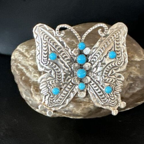 Adjustable Women's Turquoise Navajo Sterling Silver Butterfly Ring Size 8 16169