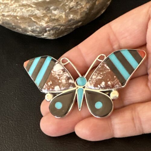 Zuni Butterfly Wild Horse Turquoise Onyx Inlay Pin Pendant | Sterling Silver | Authentic Native American Handmade | 15152