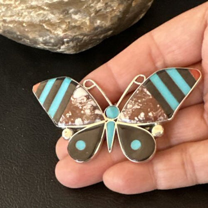 Zuni Butterfly Wild Horse Turquoise Onyx Inlay Pin Pendant | Sterling Silver | Authentic Native American Handmade | 15152