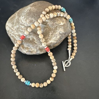Navajo Turquoise Coral Picture Jasper Necklace | Sterling Silver | 20" | Authentic Native American Handmade | 17608